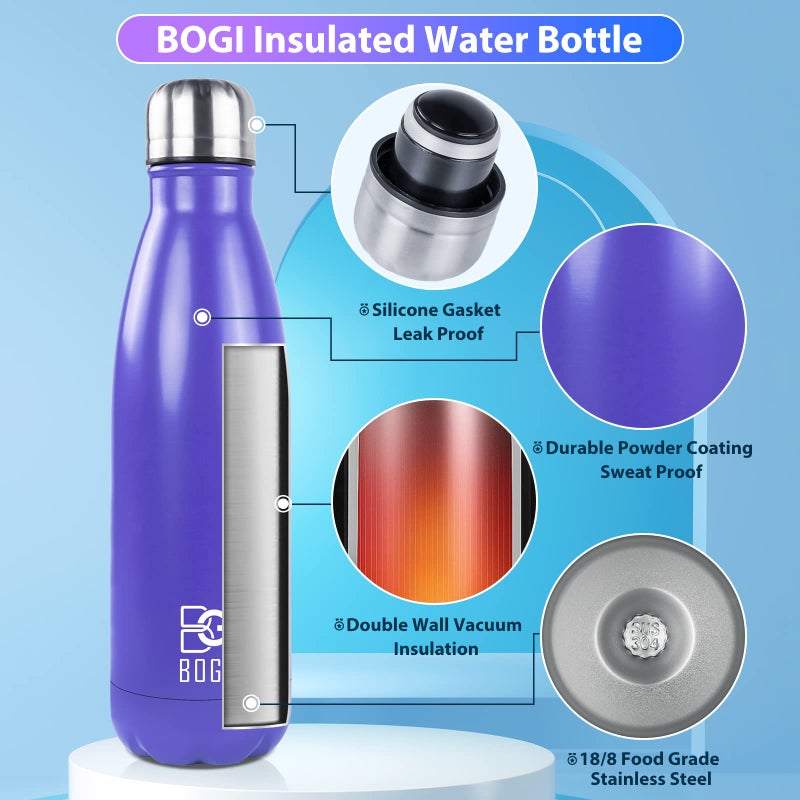 BOGI 17oz Insulated Water Bottle Double Wall Vacuum Stainless Steel Water Bottles, Leak Proof Metal Sports Water Bottle Keeps Drink Hot and Cold - Perfect for Outdoor Sports Camping Biking (Purple) - Image 3